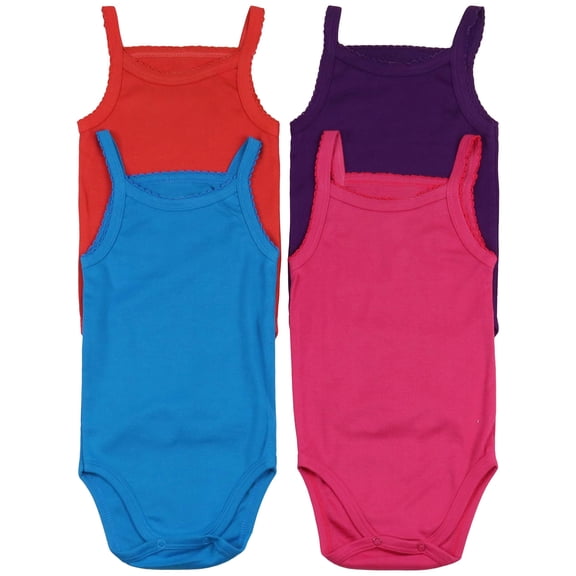 ToBeInStyle Girls' Pack of 4 Ultra-Soft Cotton Spaghetti Strap Baby Bodysuits w/ Ruffle Trim - Vibrant - 3-6 Months Old