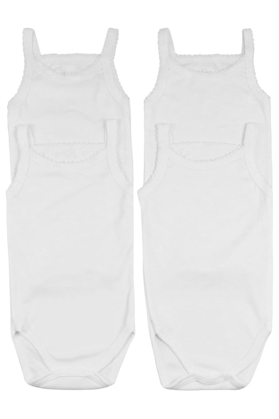 Girls' Pack of 4 Ultra-Soft Cotton Spaghetti Strap Baby Bodysuits w/ Ruffle Trim - White - 3 Years Old