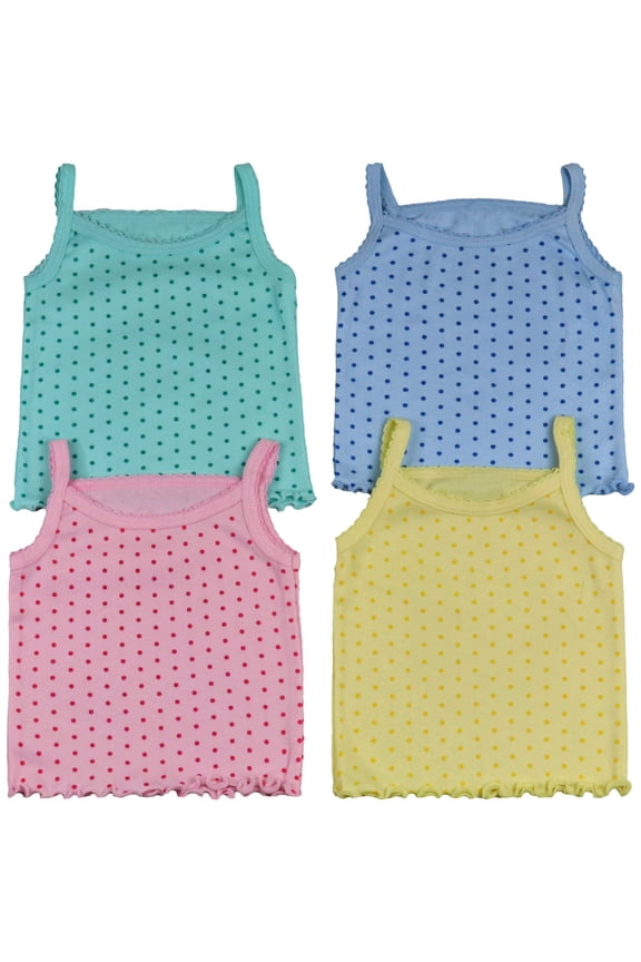 Girls' Pack of 4 Ultra-Soft Cotton Spaghetti Strap Cami Tops w/ Ruffle Hem - Dots - 12 Years Old