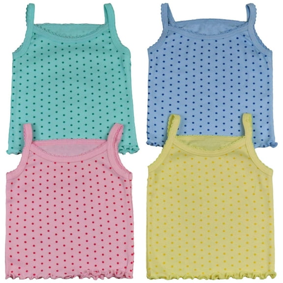 ToBeInStyle Girls' Pack of 4 Ultra-Soft Cotton Spaghetti Strap Cami Tops w/ Ruffle Hem - Dots - 4 Years Old