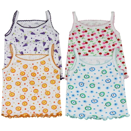 ToBeInStyle Girls' Pack of 4 Ultra-Soft Cotton Spaghetti Strap Cami Tops w/ Ruffle Hem - Fruit - 10 Years Old