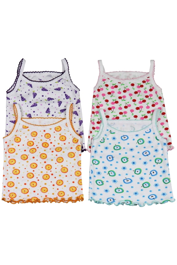 Girls' Pack of 4 Ultra-Soft Cotton Spaghetti Strap Cami Tops w/ Ruffle Hem - Fruit - 10 Years Old