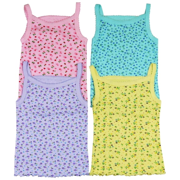 ToBeInStyle Girls' Pack of 4 Ultra-Soft Cotton Spaghetti Strap Cami Tops w/ Ruffle Hem - Pastel Flower - 1 Year Old