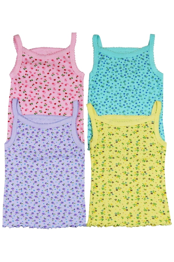 Girls' Pack of 4 Ultra-Soft Cotton Spaghetti Strap Cami Tops w/ Ruffle Hem - Pastel Flower - 3 Years Old