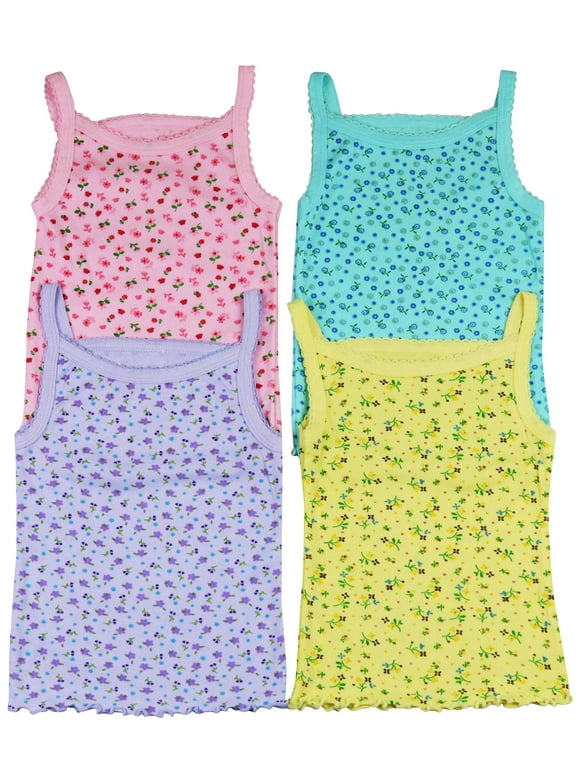 ToBeInStyle Girls' Pack of 4 Ultra-Soft Cotton Spaghetti Strap Cami Tops w/ Ruffle Hem - Pastel Flower - 4 Years Old