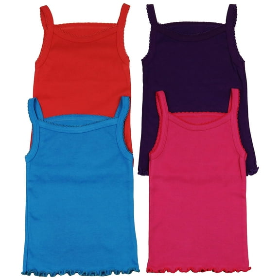 ToBeInStyle Girls' Pack of 4 Ultra-Soft Cotton Spaghetti Strap Cami Tops w/ Ruffle Hem - Vibrant - 8 Years Old