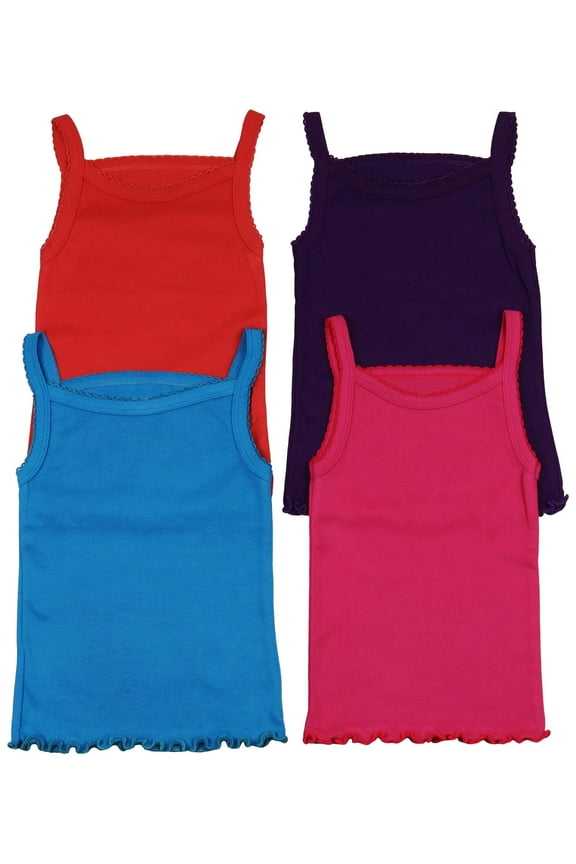 Girls' Pack of 4 Ultra-Soft Cotton Spaghetti Strap Cami Tops w/ Ruffle Hem - Vibrant - 8 Years Old