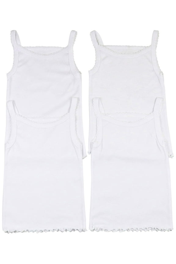 Girls' Pack of 4 Ultra-Soft Cotton Spaghetti Strap Cami Tops w/ Ruffle Hem - White - 3 Years Old