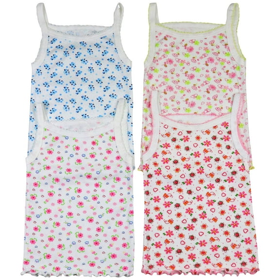 ToBeInStyle Girls' Pack of 4 Ultra-Soft Cotton Spaghetti Strap Cami Tops w/ Ruffle Hem - White Flower - 4 Years Old
