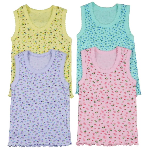 ToBeInStyle Girls' Pack of 4 Ultra-Soft Cotton Tank Tops w/ Ruffle Hem - Floral Pastel - 3 Years Old