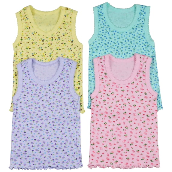 ToBeInStyle Girls' Pack of 4 Ultra-Soft Cotton Tank Tops w/ Ruffle Hem - Floral Pastel - 4 Years Old