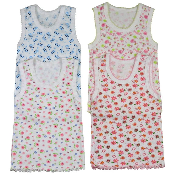 ToBeInStyle Girls' Pack of 4 Ultra-Soft Cotton Tank Tops w/ Ruffle Hem - Floral Print - 5 Years Old