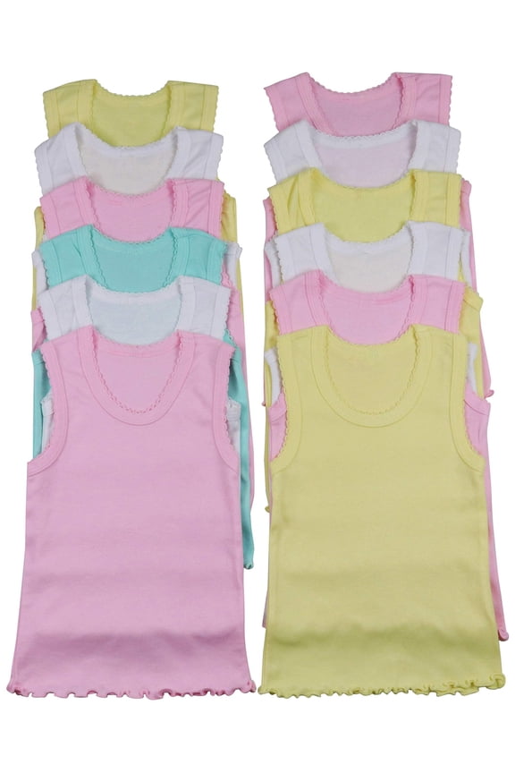 Girls' Pack of 4 Ultra-Soft Cotton Tank Tops w/ Ruffle Hem - Pastel - 10 Years Old