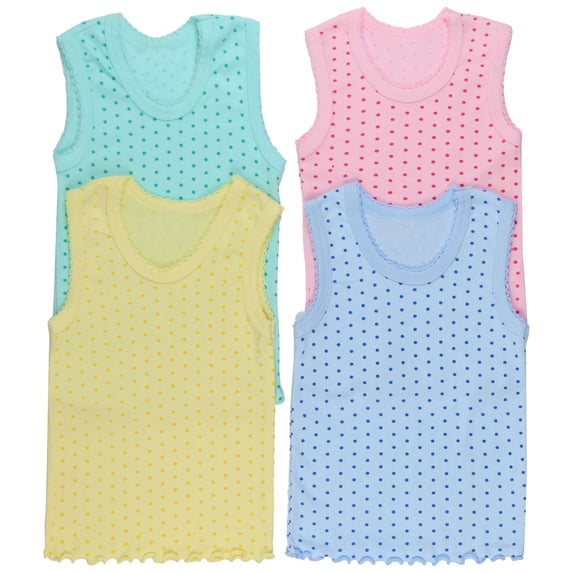 ToBeInStyle Girls' Pack of 4 Ultra-Soft Cotton Tank Tops w/ Ruffle Hem - Polka Dots - 10 Years Old