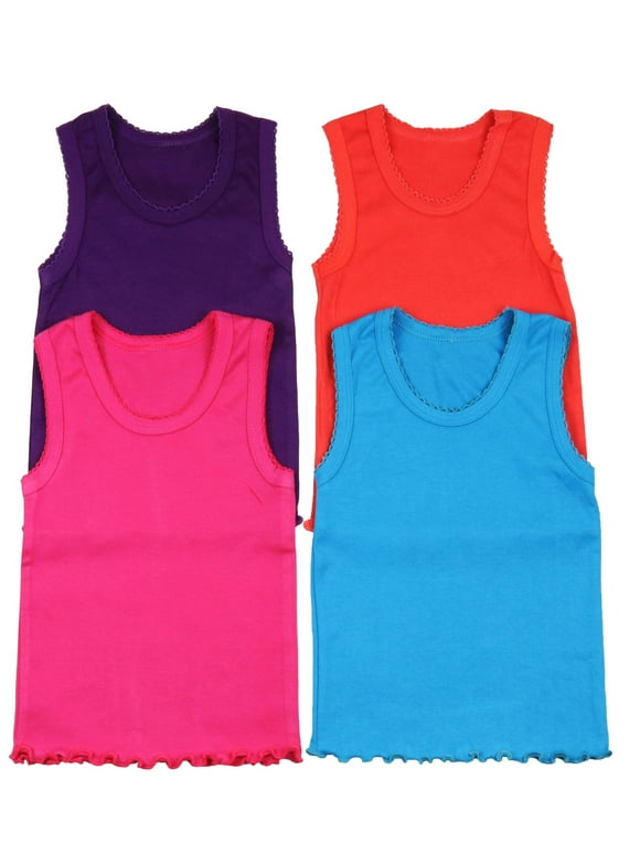 ToBeInStyle Girls' Pack of 4 Ultra-Soft Cotton Tank Tops w/ Ruffle Hem - Vibrant - 12 Years Old