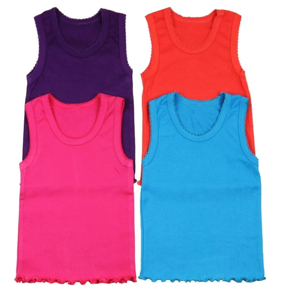 ToBeInStyle Girls' Pack of 4 Ultra-Soft Cotton Tank Tops w/ Ruffle Hem - Vibrant - 8 Years Old
