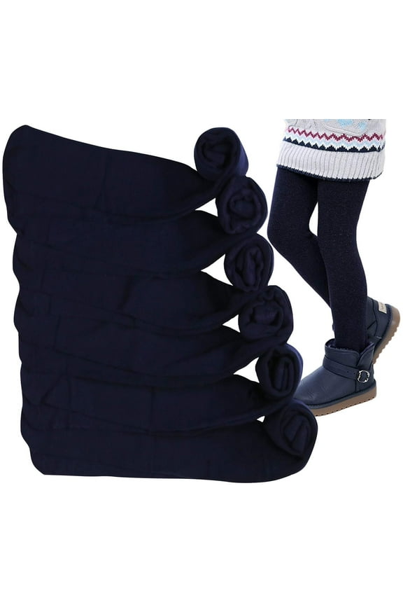 Girls' Pack of 6 Full Length Footed Winter Knit Acrylic Uniform Tights - Navy - S