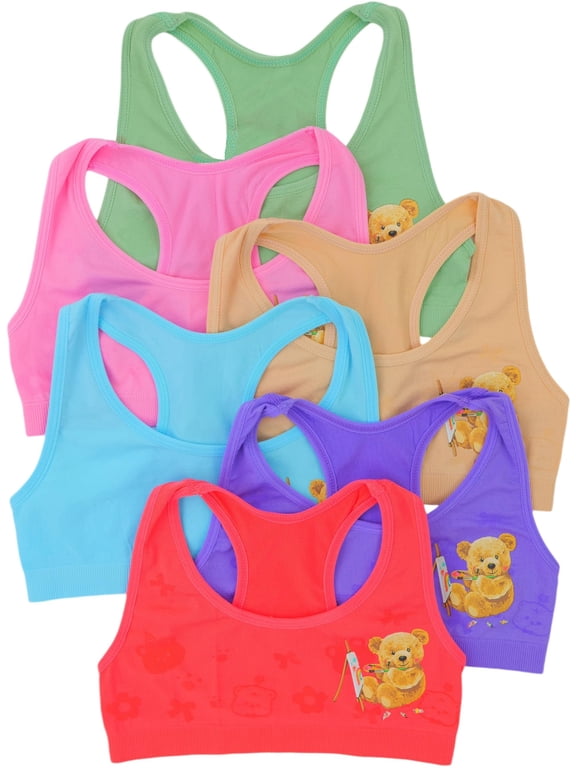 Girls Pack of 6 Fun Print Racerback Training Bras Top Wire-Free Non-Padded - Bear Painting on Easel