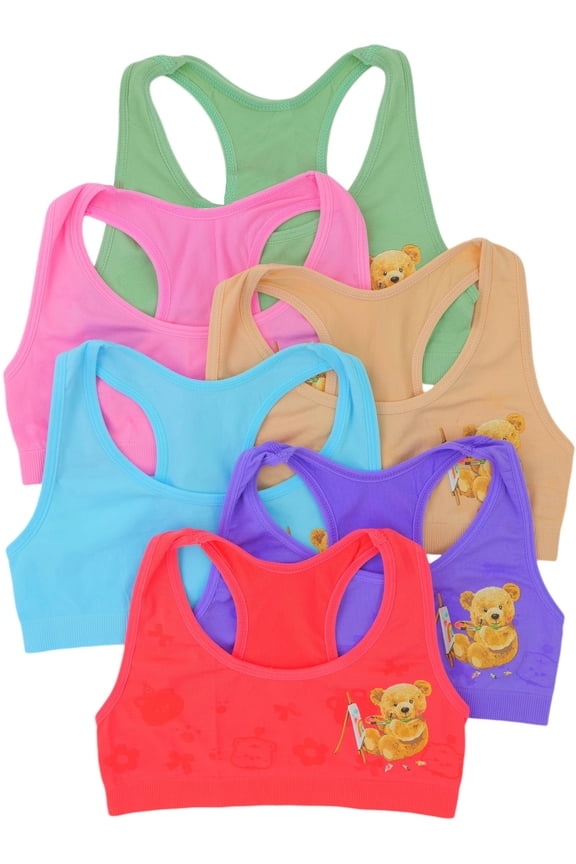 Girls Pack of 6 Fun Print Racerback Training Bras Top Wire-Free Non-Padded - Bear Painting on Easel