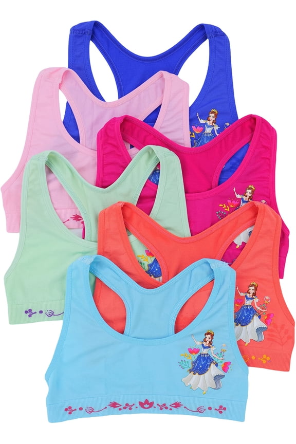 Girls Pack of 6 Fun Print Racerback Training Bras Top Wire-Free Non-Padded - Blue Floral Garden Dancing Princess - Small
