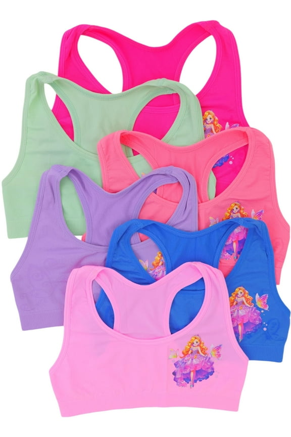 Girls Pack of 6 Fun Print Racerback Training Bras Top Wire-Free Non-Padded - Purple and Pink Butterfly Princess