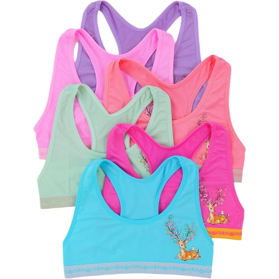 ToBeInStyle Girls Pack of 6 Fun Print Racerback Training Bras Top Wire-Free Non-Padded - Resting Deer w/Floral Antlers - Medium