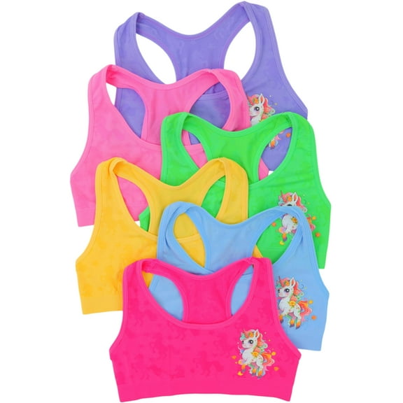 ToBeInStyle Girls Pack of 6 Fun Print Racerback Training Bras Top Wire-Free Non-Padded - Unicorn with Autumn Leaves