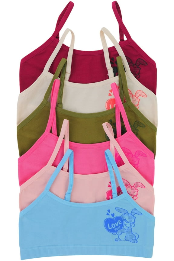 Girls Pack of 6 Fun Print Training Bras Top Wire-Free Non-Padded - Love You Rabbit - Medium