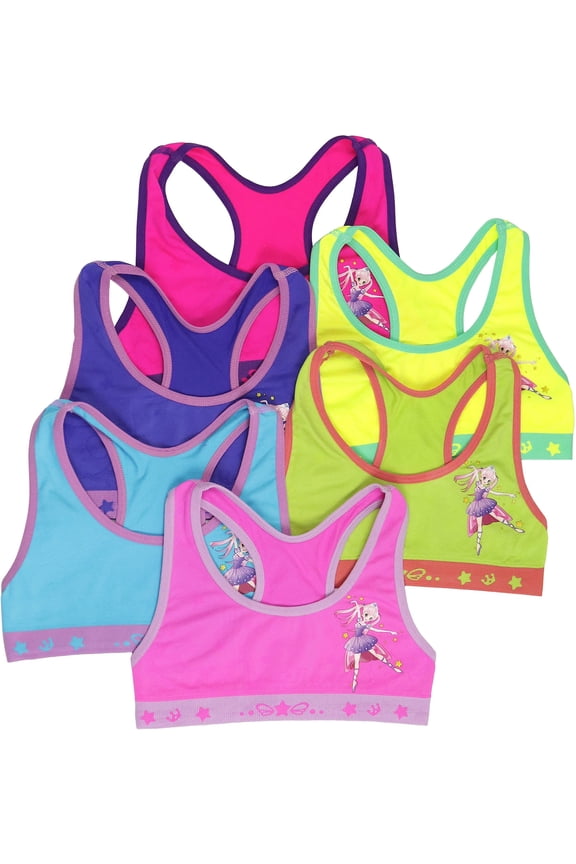 Girls Pack of 6 Fun Print Training Bras Top Wire-Free Non-Padded - Star Ballet Princess - Small