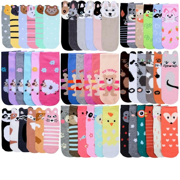 ToBeInStyle Girls' and Women's Pack of 6 Pairs Low Cut Random Animal Print Assortment Ankle Socks - Size 6-8