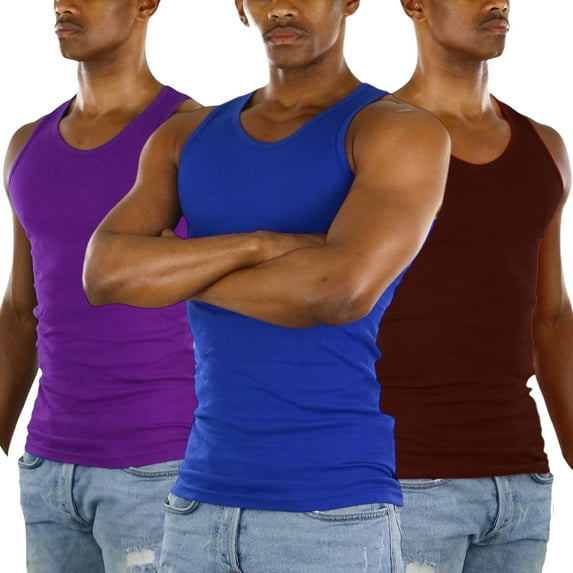 ToBeInStyle Men's 3 Pack A-Shirt Tank Top Undershirt - Brown/Purple/Royal - 5XL