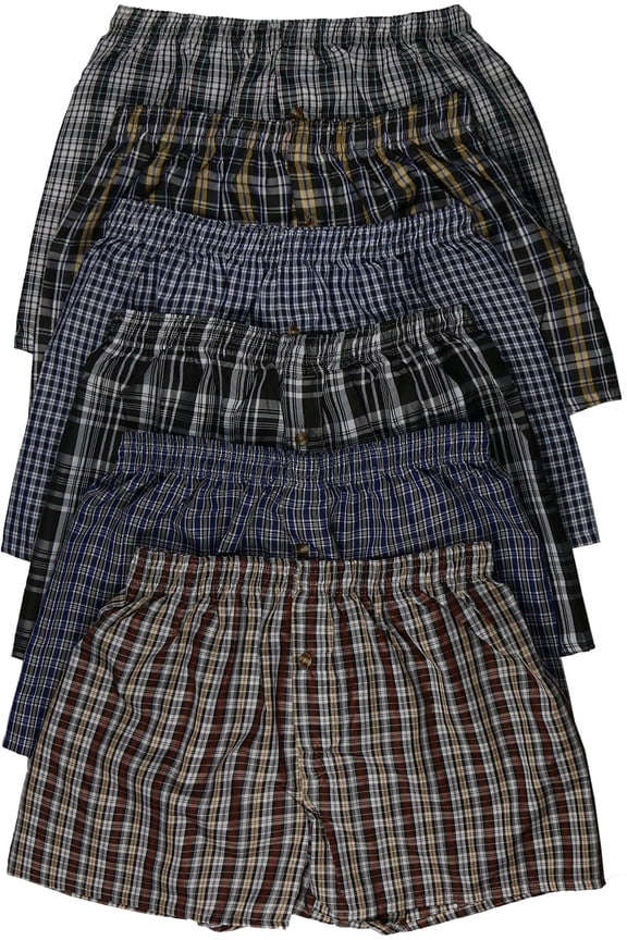 Men's 6 Pack Classic Multicolored Checkered Woven Boxer Shorts w/ Button - Small