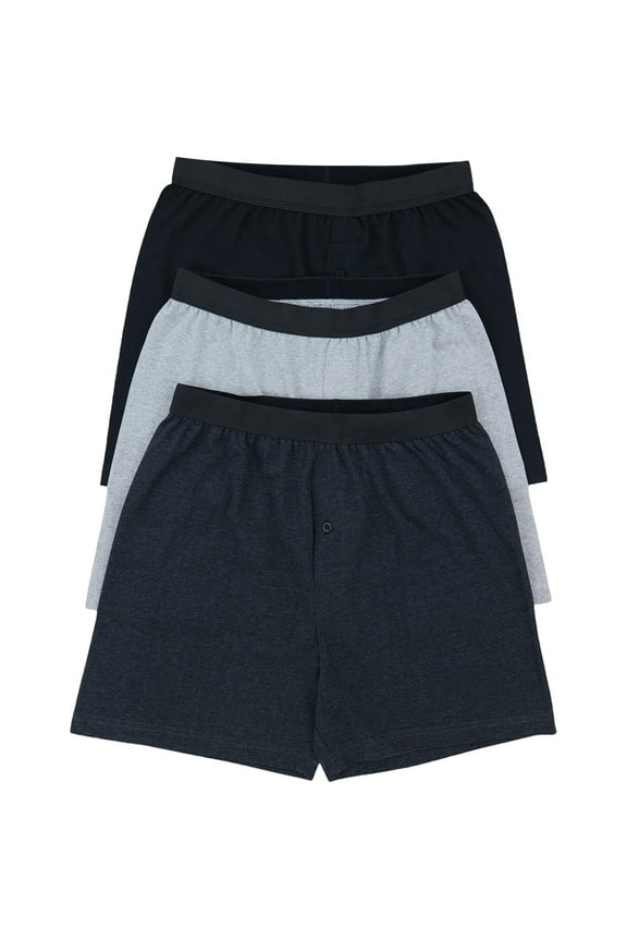 Men's Pack of 3 Button Fly Loose Fit Solid Print Boxers - Assorted - Large