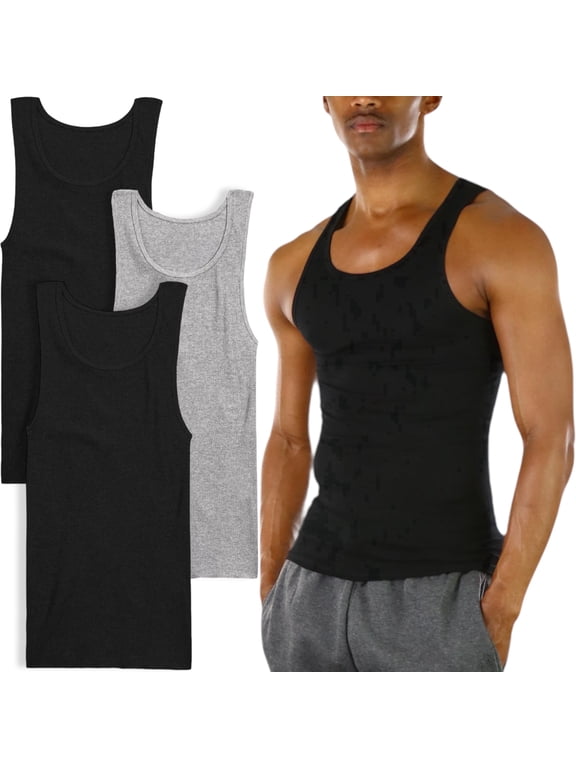 Men's Pack of 3 Slim Fit Shallow Scoop Neck Sleeveless A-Shirts - Assorted - Large