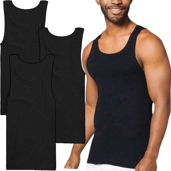 ToBeInStyle Men's Pack of 3 Slim Fit Shallow Scoop Neck Sleeveless A-Shirts - Black - 2XL