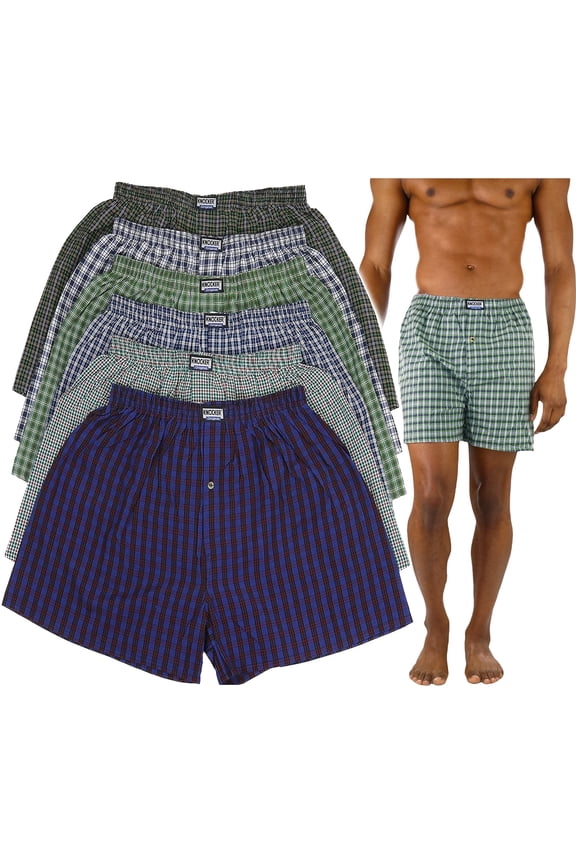 Men's Pack of 6 Assorted Classic Fit Tartan Plaid Boxer Shorts w/ Button Fly - Large