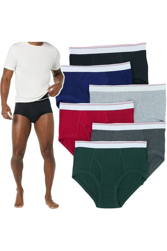 Men's Pack of 6 Cotton White Waistband Brief Underwear - Assorted - Medium