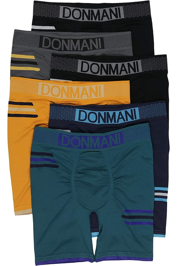Men's Pack of 6 Seamless Boxer Briefs in Solid and Stripe Designs - Bottom and Side Stripes - One Size
