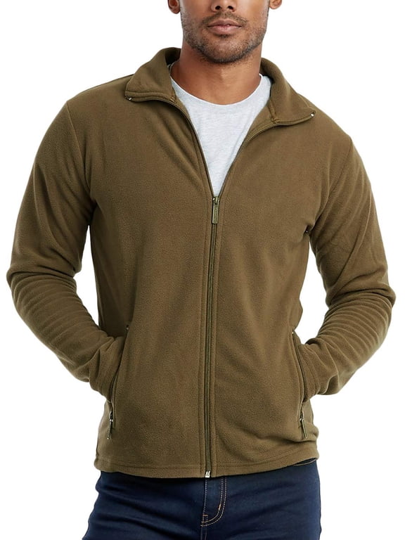 Men's Zip Up Long Sleeve High Collar Polar Fleece Jacket - Olive - X-Large