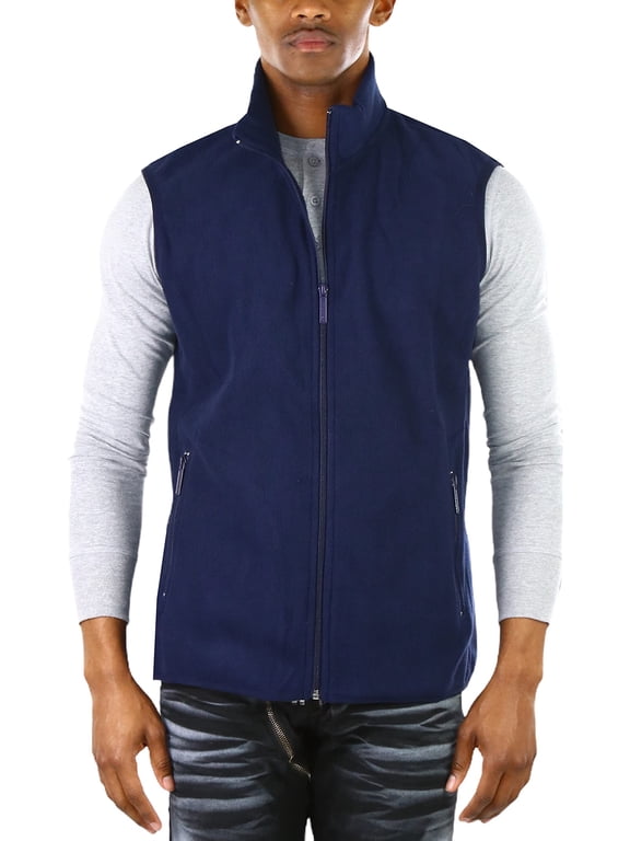 Men's Zip Up Sleeveless High Collar Polar Fleece Vest - Navy - Large