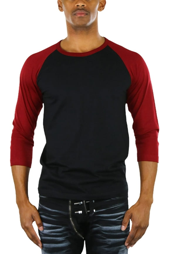 Mens Sleeved Baseball Inspired Classic Shirt Tee - 3/4 Sleeve - Burgundy/Black - X-Large