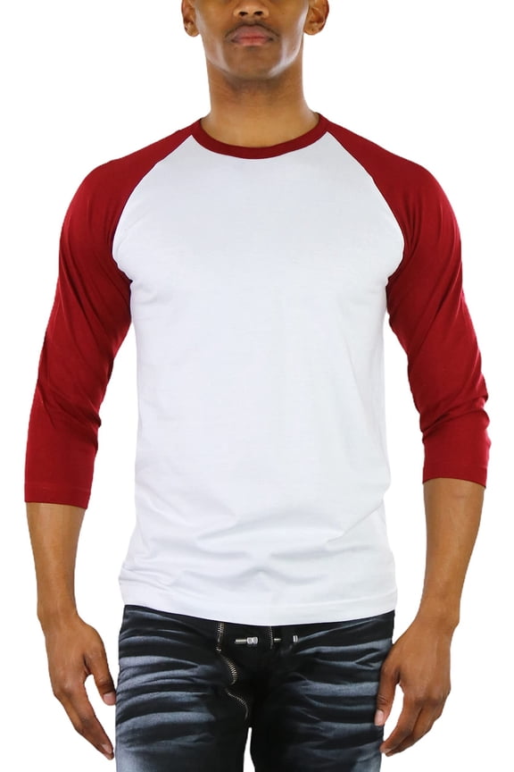 Mens Sleeved Baseball Inspired Classic Shirt Tee - 3/4 Sleeve - Burgundy/White - X-Large