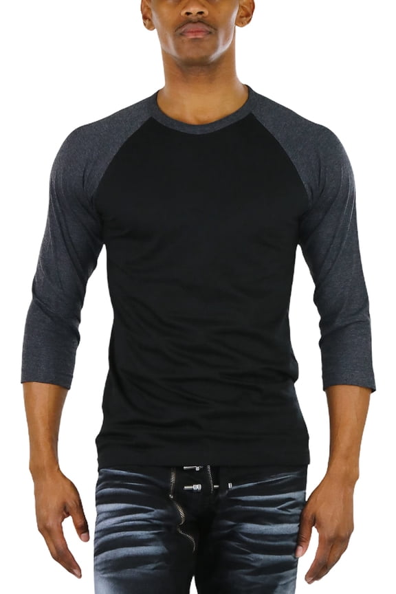 Mens Sleeved Baseball Inspired Classic Shirt Tee - 3/4 Sleeve - Charcoal Grey/Black - Large