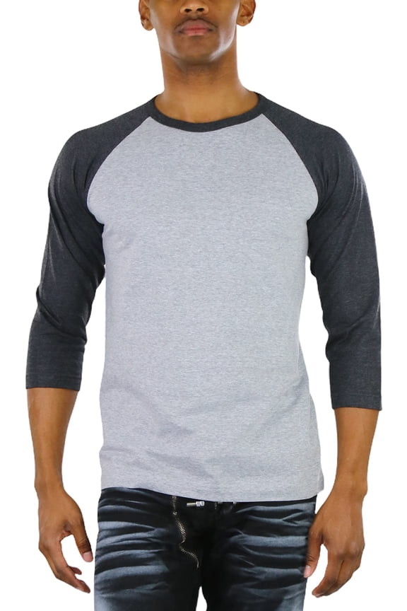 Mens Sleeved Baseball Inspired Classic Shirt Tee - 3/4 Sleeve - Charcoal Grey/Heather Grey - Large