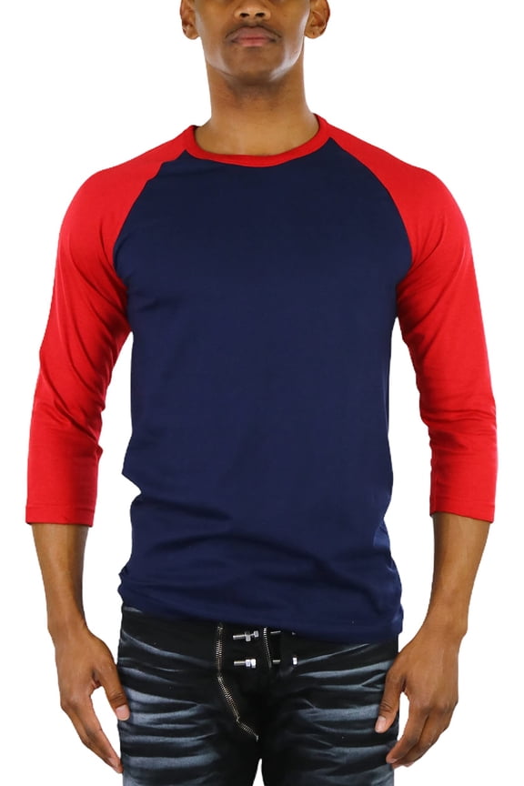 Mens Sleeved Baseball Inspired Classic Shirt Tee - 3/4 Sleeve - Dark Red/Navy - Small