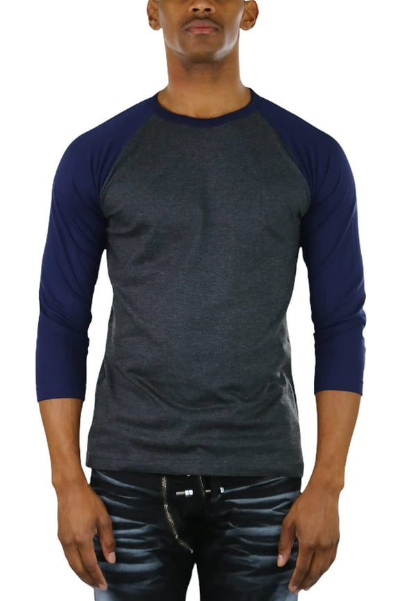 Mens Sleeved Baseball Inspired Classic Shirt Tee - 3/4 Sleeve - Navy/Charcoal - Large