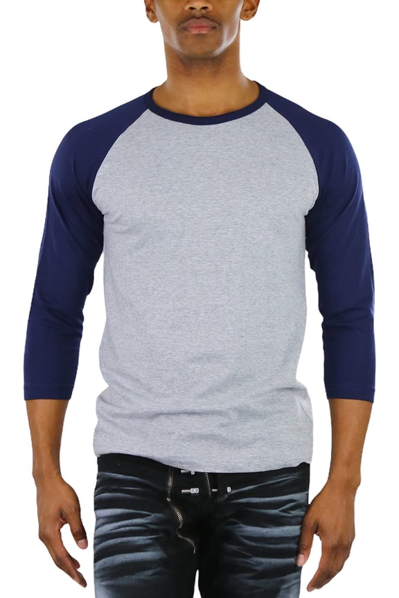 Mens Sleeved Baseball Inspired Classic Shirt Tee - 3/4 Sleeve - Navy/Heather Grey - 2X-Large