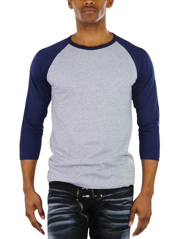 Mens Sleeved Baseball Inspired Classic Shirt Tee - 3/4 Sleeve - Navy/Heather Grey - Medium