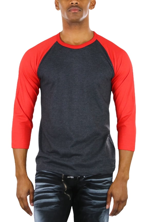 Mens Sleeved Baseball Inspired Classic Shirt Tee - 3/4 Sleeve - Red/Charcoal Grey - 2X-Large