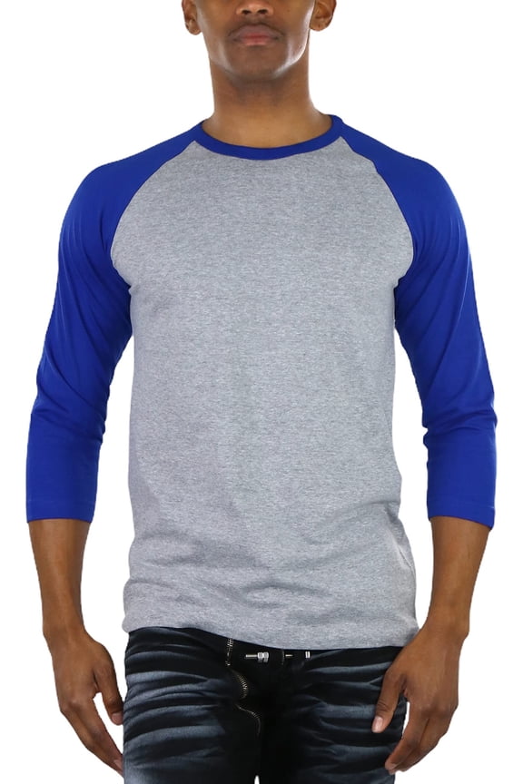Mens Sleeved Baseball Inspired Classic Shirt Tee - 3/4 Sleeve - Royal Blue/Heather Grey - Small